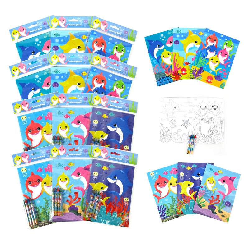 TINYMILLS Shark Family Coloring Book Set with 12 Coloring Books and 48 Crayons Shark Family Birthday Party Supplies Favor Bag Filler Carnival Prizes Rewards Stocking Stuffers Classroom Party - Image 1